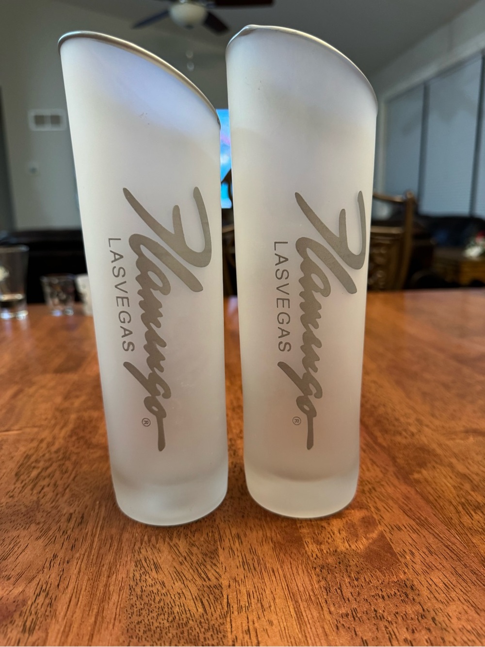Vintage Flamingo Las Vegas Frosted Glass Souvenir Vases- Set of Two w/ Sleeves